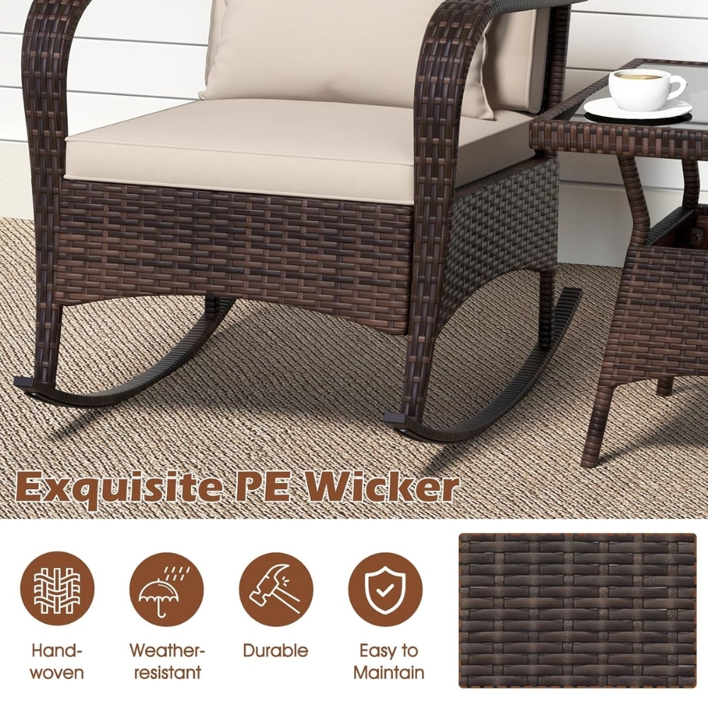 Outdoor wicker furniture set on a deck: a brown PE wicker chair with beige cushions and a matching side table; features listed: hand-woven, weather-resistant, durable, easy to maintain
