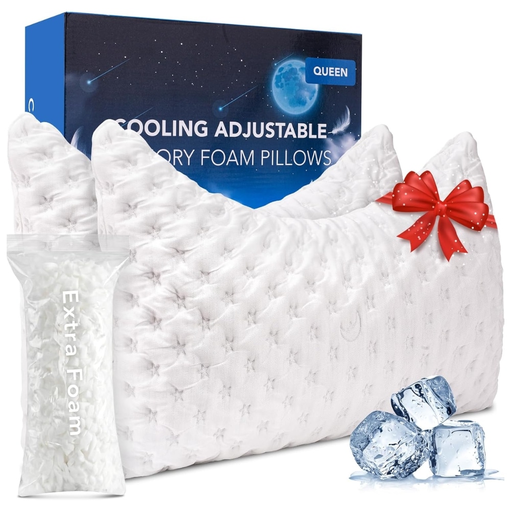 Queen-size cooling memory foam pillow set with white quilted pillow, foam refill bag, icy blue packaging, and red gift bow; includes ice cubes for cooling