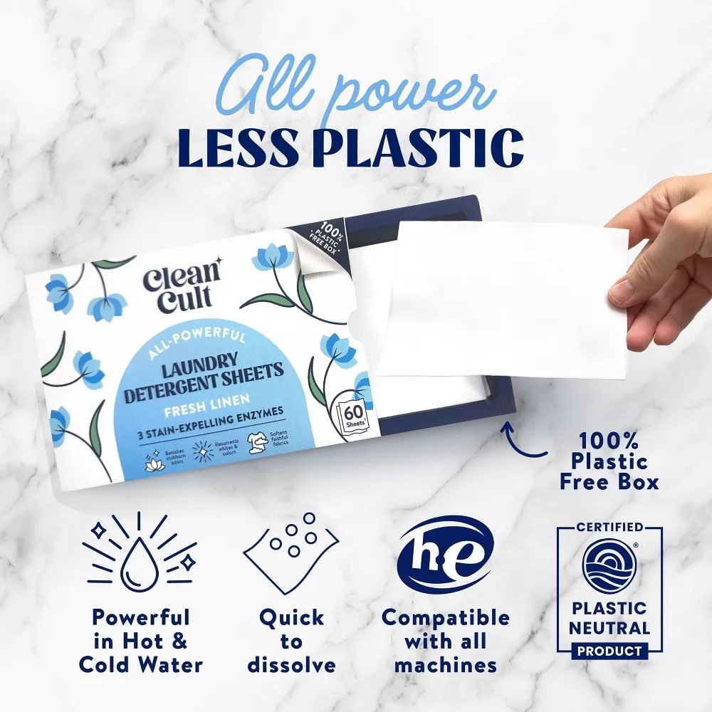 Product packaging for Clean Cult laundry detergent sheets with slogan 'All power Less Plastic' and icons: dissolves quickly, hot/cold water, machine compatible, plastic-neutral product.