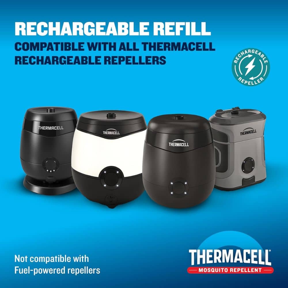 Advert showing four Thermacell rechargeable mosquito repellers on a blue gradient background with 'Rechargeable Refill' text and logo on the right.