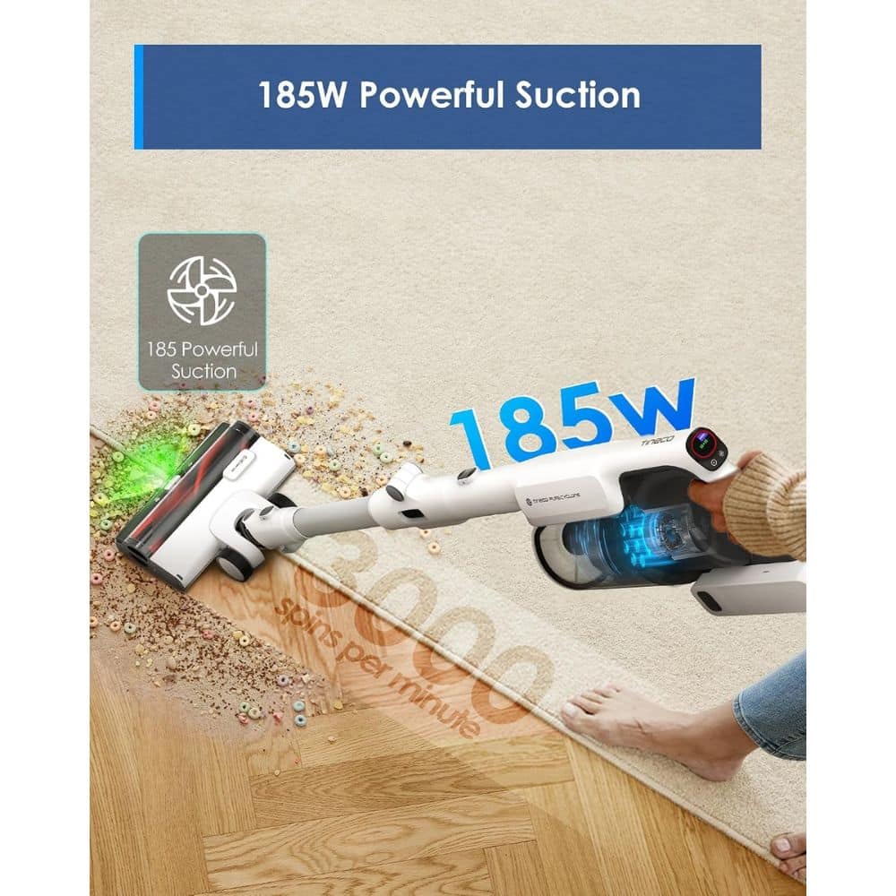Vacuum cleaner with 185W powerful suction cleaning a carpeted floor beside a bare wood floor, hand guiding the wand.