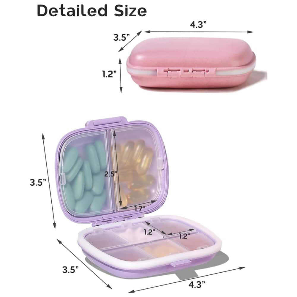 Infographic showing a purple lunch box with labeled dimensions: about 4.3 inches long, 3.5 inches tall, and 1.2 inches deep; includes internal compartments measurements of 2.5 and 1.7 inches.