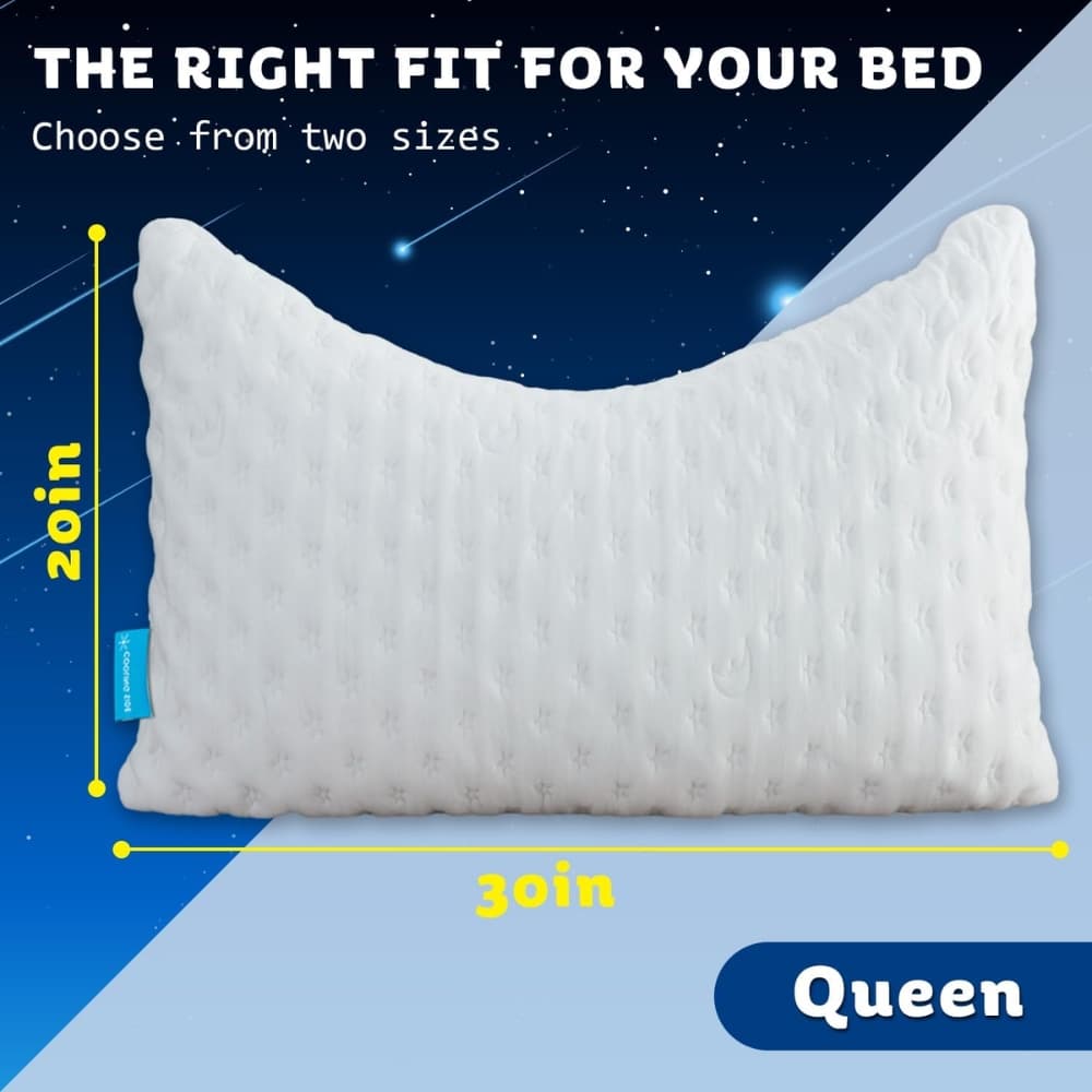 Queen pillow sized 30 by 20 inches, shown with size labels against a space-themed background.