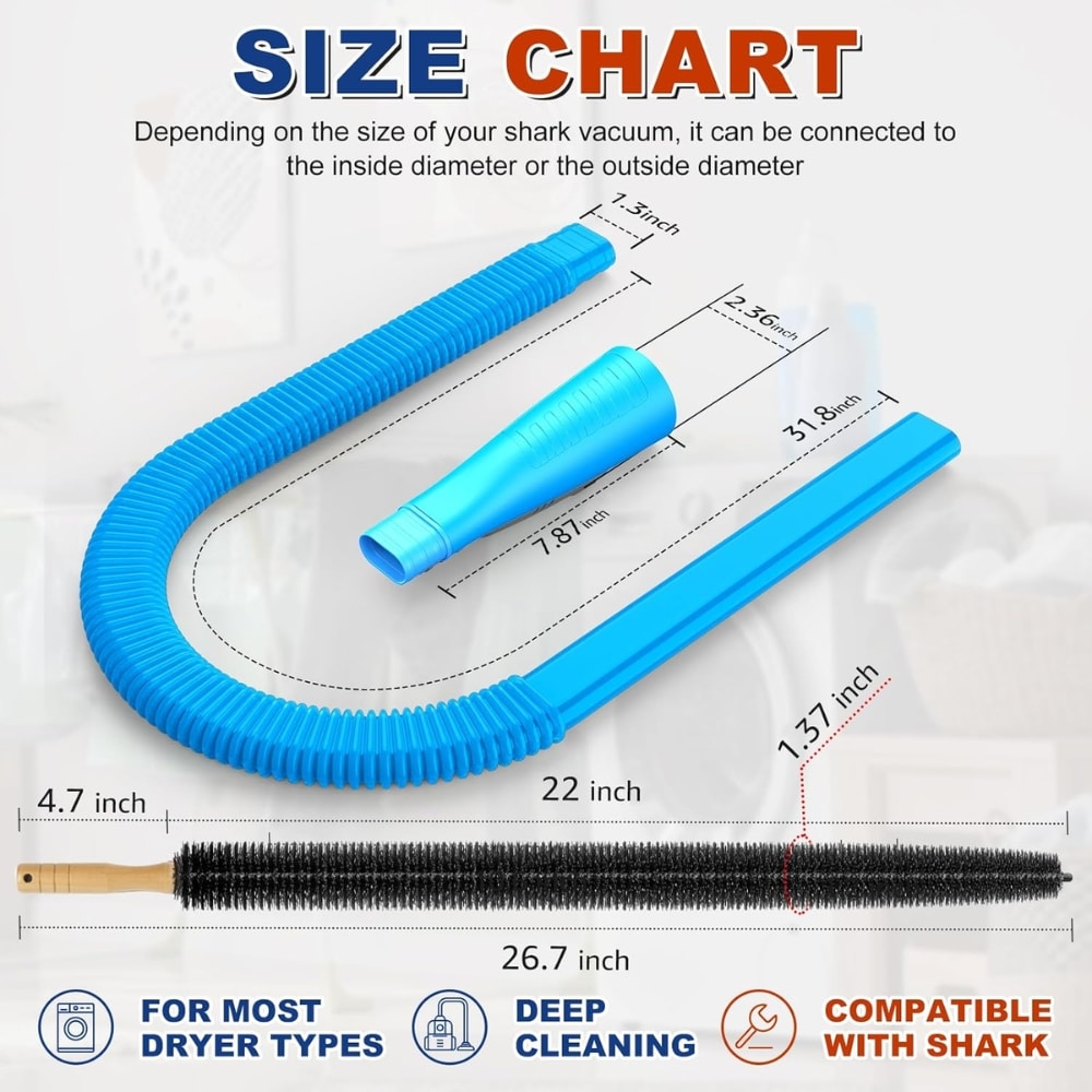 Size chart for Shark vacuum hose and brush: blue flexible hose, extendable wand, and long cleaning brush with measurements (approx. 22–26.7 inches) shown, indicating compatibility and deep cleaning.