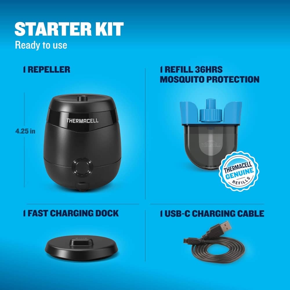 Starter Kit: Thermacell repeller with accessories on blue background (device, refill, dock, USB-C cable).