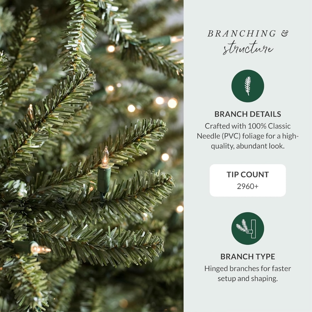 Close-up of evergreen branches with twinkling lights; infographic panel on the right summarizes Branching & Structure, 2960+ tips, and Hinged branch type.
