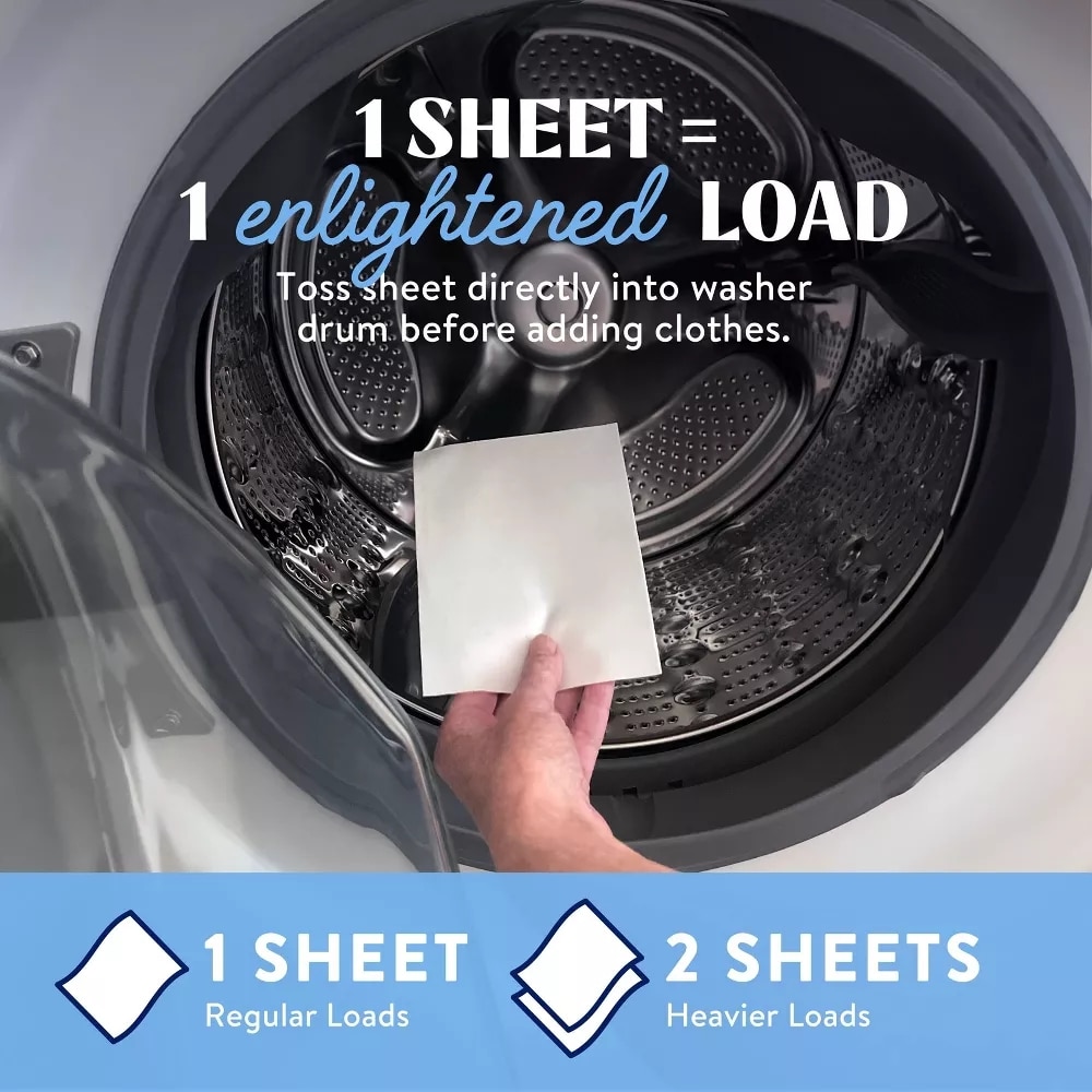 Hand inserts a laundry sheet into a front-loading washer; 1 sheet = 1 load, with bottom panel showing regular vs heavier loads (1 vs 2 sheets).