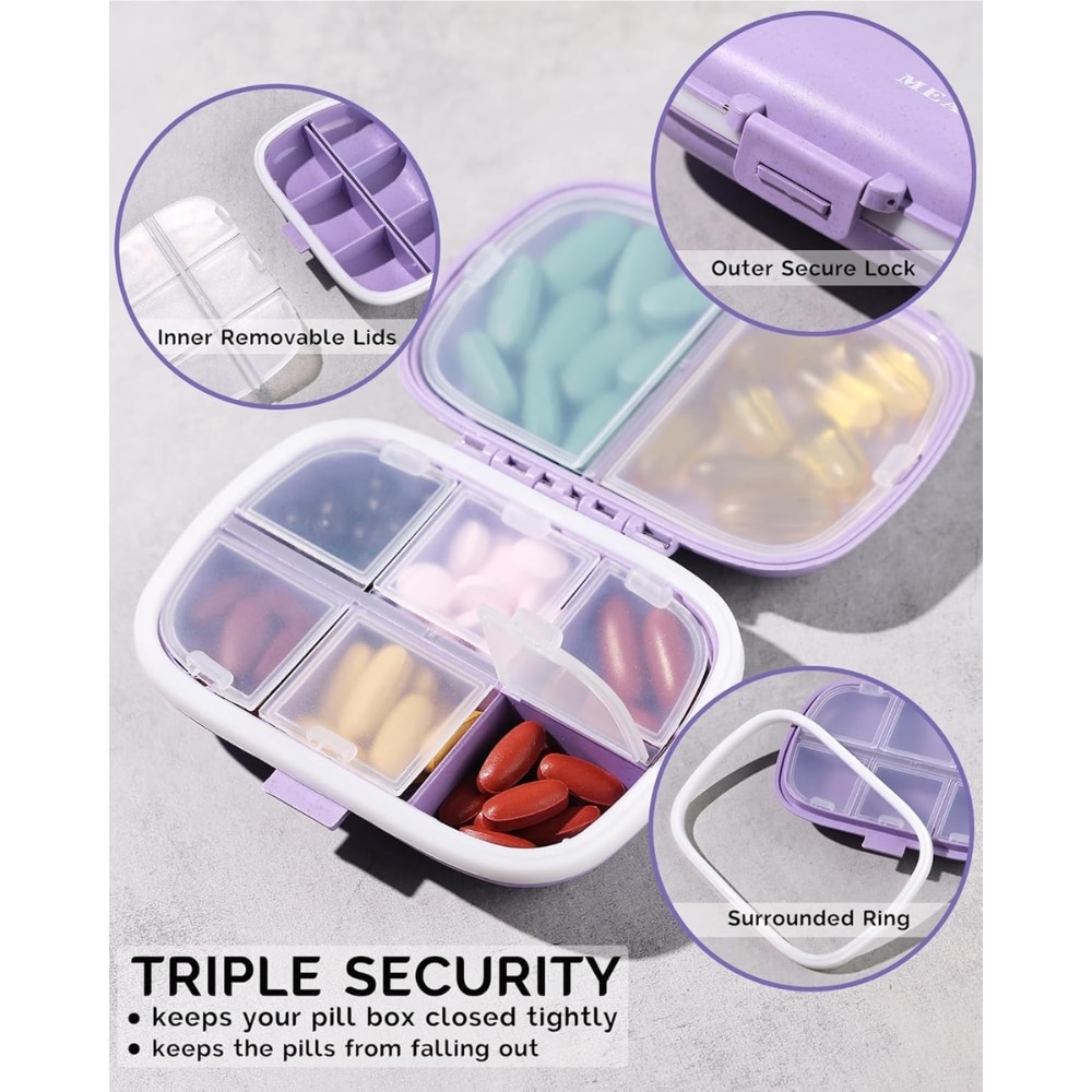 Purple pill organizer with divided compartments and removable inner lids; shows outer secure lock and surrounding ring—keeps pills organized and secure.
