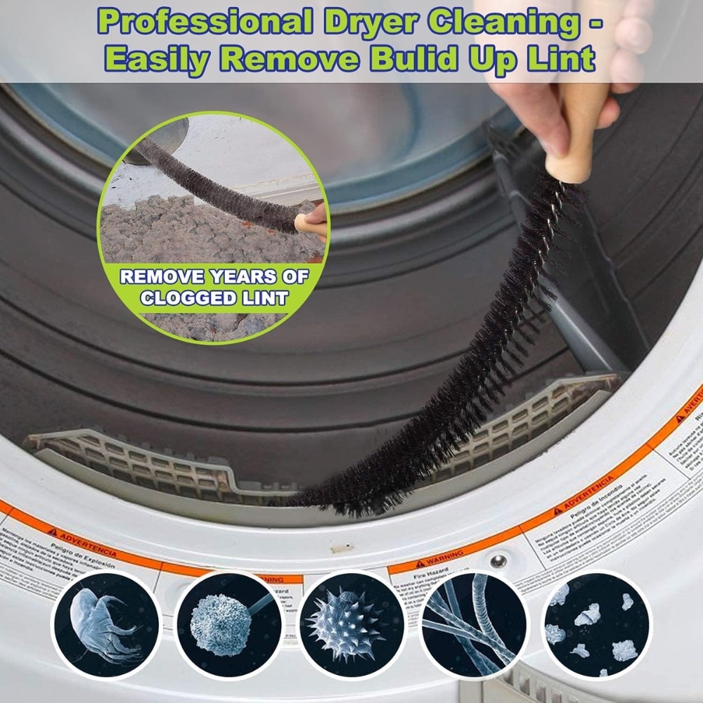 Advertisement for professional dryer cleaning showing a hand brushing lint from a dryer with a circular inset highlighting clogged lint buildup.