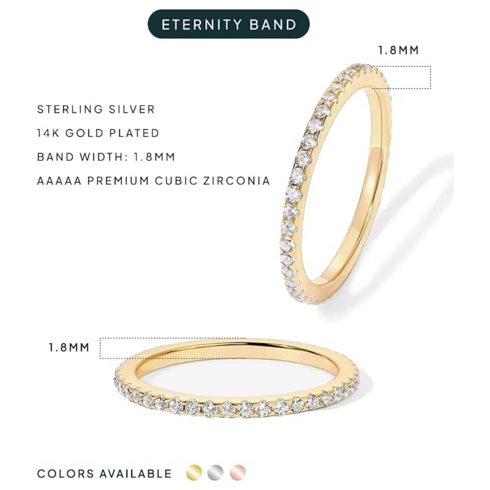 Gold plated eternity band ring set with diamonds, 1.8mm width, available in multiple colors (14K gold plated)