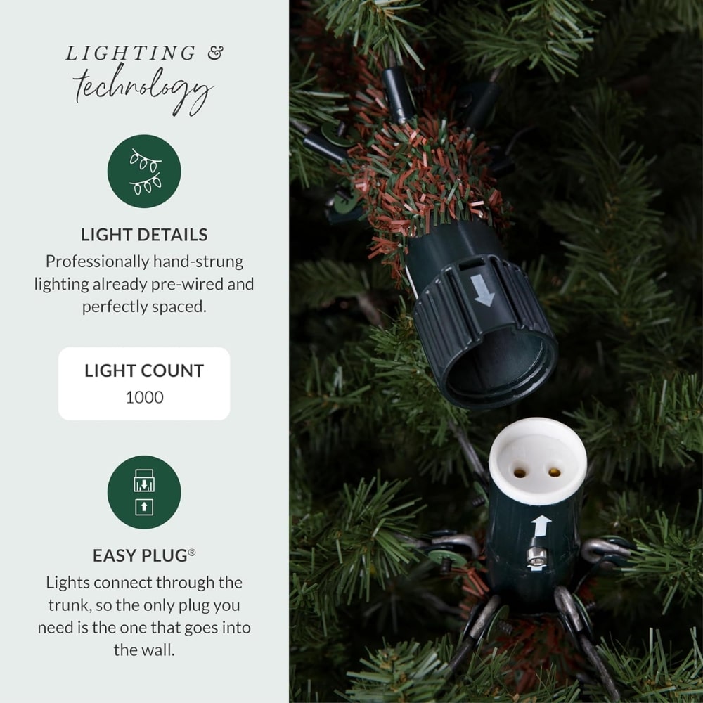Left feature panel for tree lights: Light Details (1000 lights) and Easy Plug beside a close-up of string lights on a pine tree.