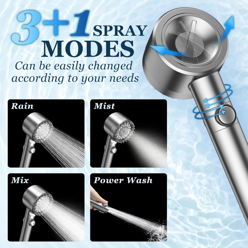 Shower head showing four spray modes—Rain, Mist, Mix, Power Wash—against a blue water background