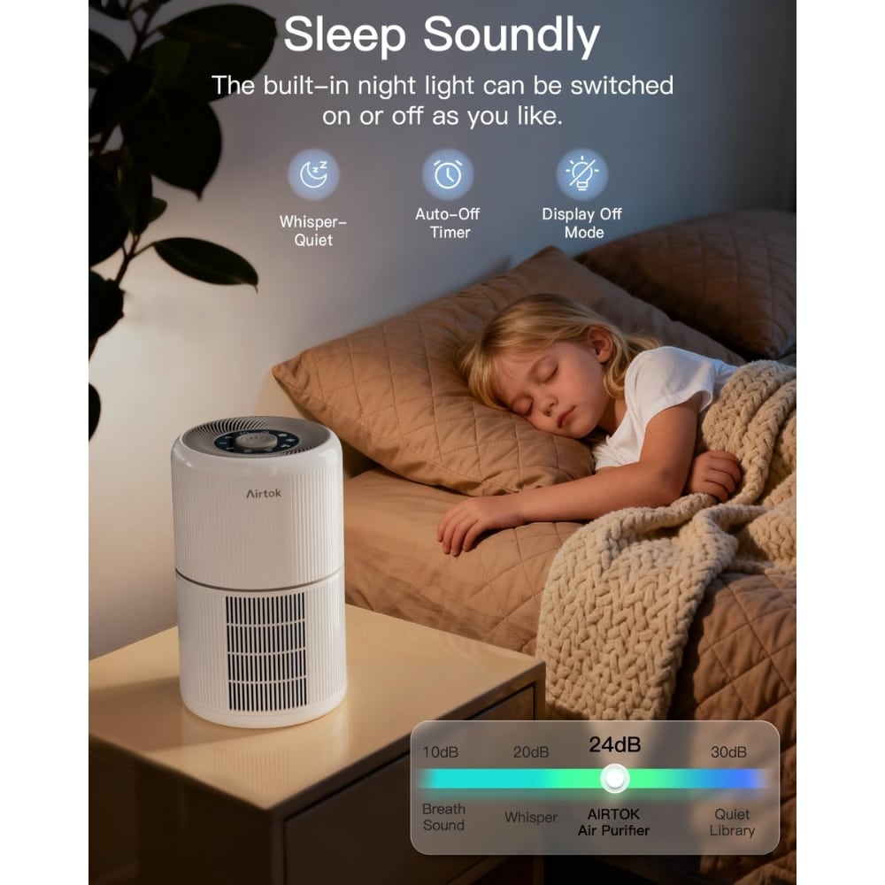 Air purifier on bedside table beside a sleeping child with a quilted blanket, in a dim bedroom setting, advertising Sleep Soundly features.