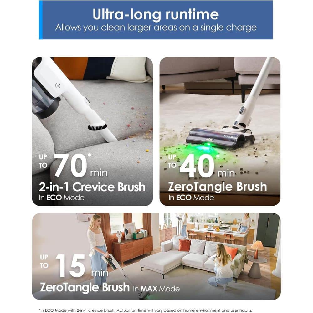Banner promoting a vacuum with Ultra-long runtime and three feature tiles: 70 min 2-in-1 Crevice Brush ECO mode, 40 min ZeroTangle ECO, and 15 min ZeroTangle MAX in a living room.