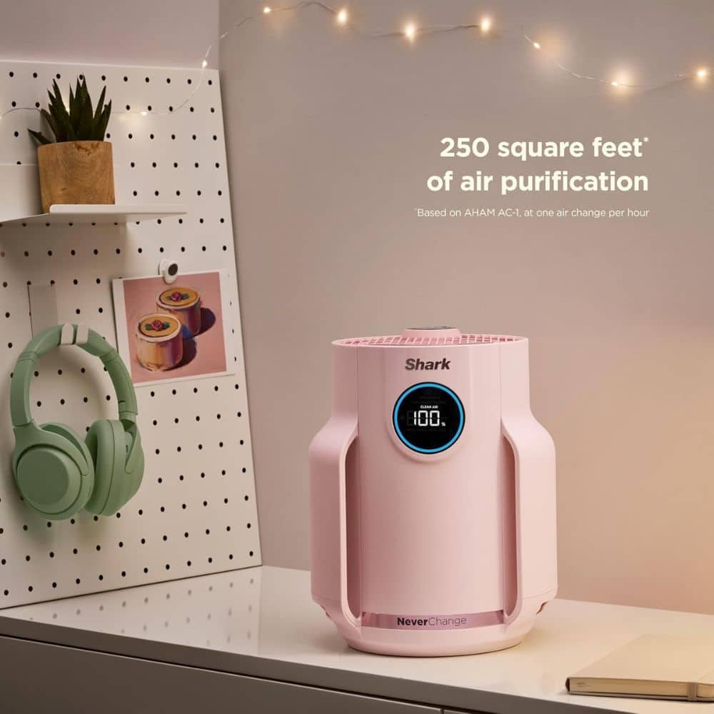 Pink Shark air purifier on a desk with string lights and a pegboard in the background, advertising 250 square feet of air purification.