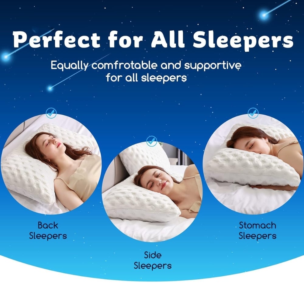 Infographic showing pillow suitability for back, side, and stomach sleepers under a night-sky gradient image.