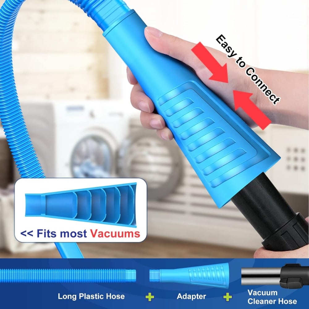 Blue vacuum hose adapter being connected to a wand; arrows and text say Easy to Connect, emphasizing quick compatibility with most vacuums.