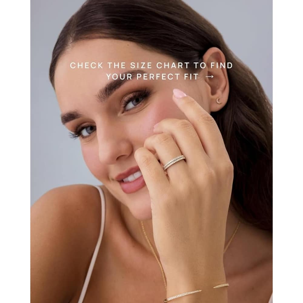 Close-up of a smiling woman wearing rings and bracelets, with the text 'CHECK THE SIZE CHART TO FIND YOUR PERFECT FIT' across the image.