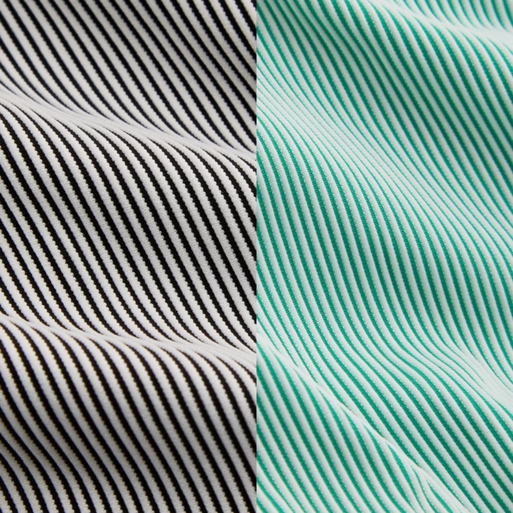 Two close-up fabric panels with diagonal striped patterns: left in black and white, right in teal and white.