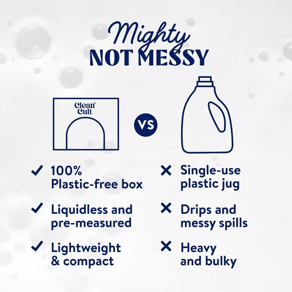 Infographic: Mighty Not Messy compares a plastic-free box with a single-use plastic jug, listing pros and cons on each side.