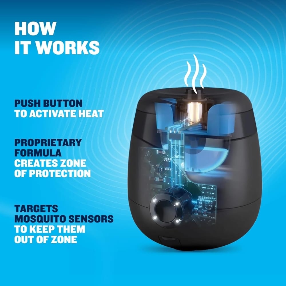 How it works: press the button to activate heat, creating a protective zone that targets mosquitoes.