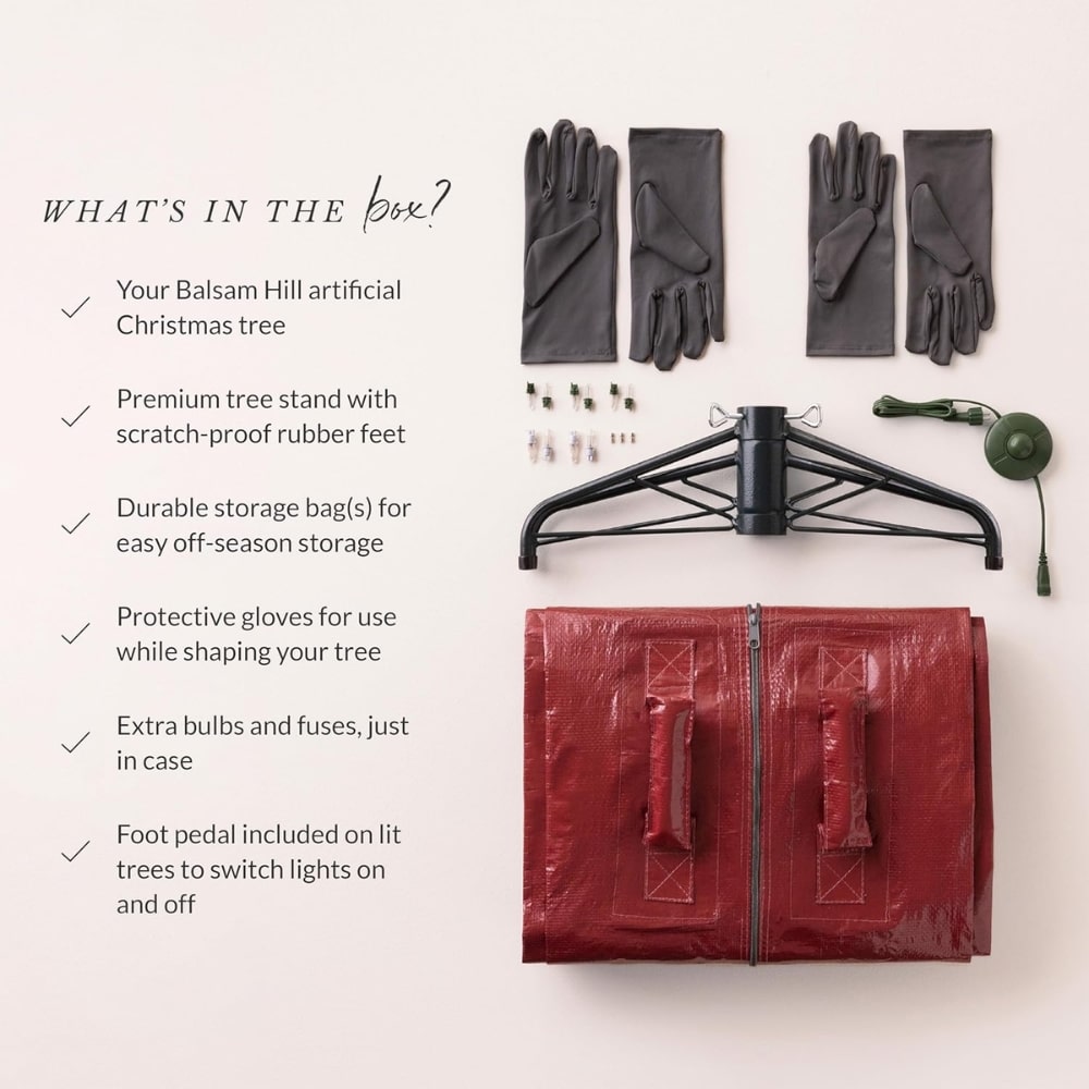 'What’s in the box?' image listing contents: artificial Christmas tree, scratch-proof stand, storage bags, protective gloves, extra bulbs/fuses, and a foot pedal for lights, with gloves and stand pictured nearby.