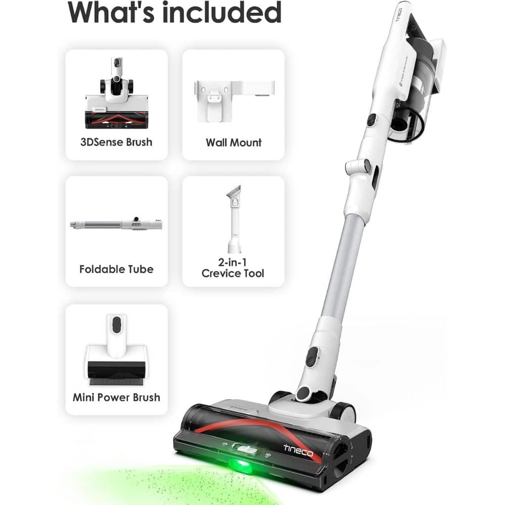 Tineco vacuum with six included accessories: 3DSense Brush, Wall Mount, Foldable Tube, 2-in-1 Crevice Tool, Mini Power Brush, shown beside the unit.