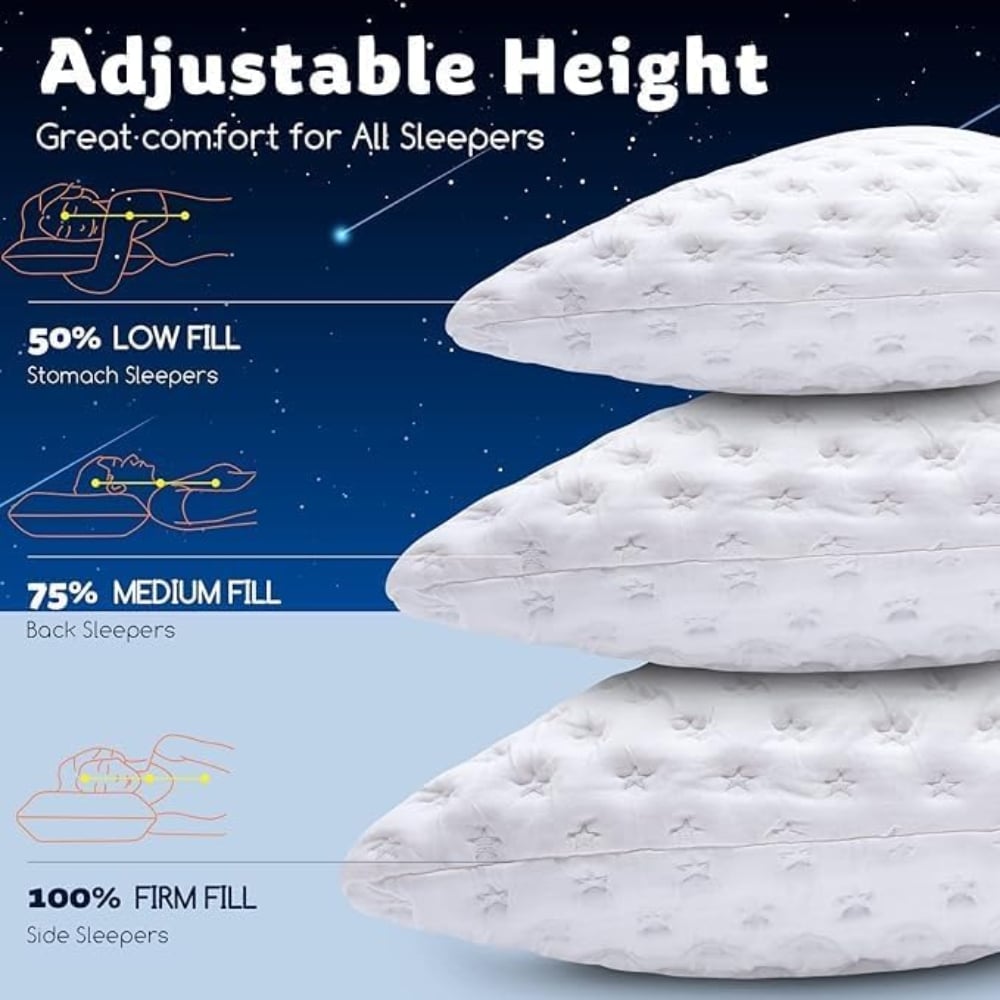 Infographic about adjustable pillow height: three fill levels (50% low for stomach sleepers, 75% medium for back sleepers, 100% firm for side sleepers) shown beside a stack of pillows against a night-sky background.