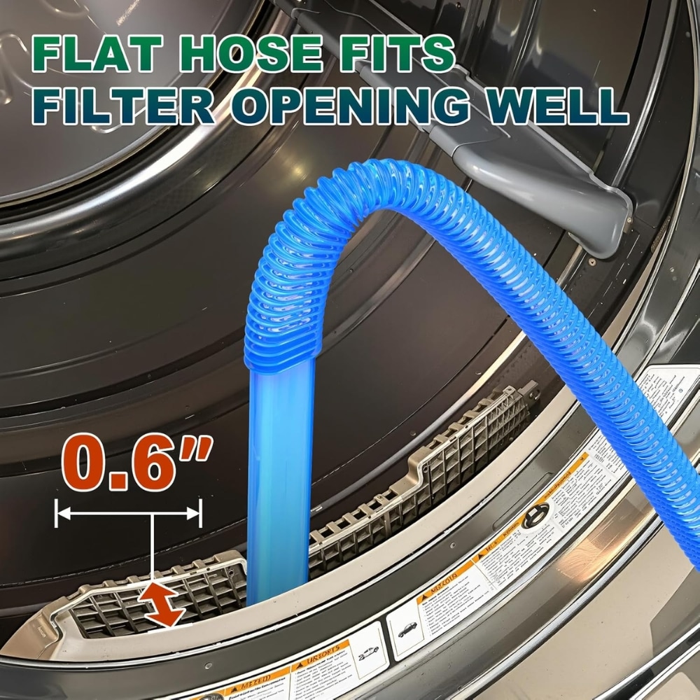 Blue flexible hose inserted into a washing machine opening, labeled to fit a 0.6" filter opening for easier maintenance and cleaning.