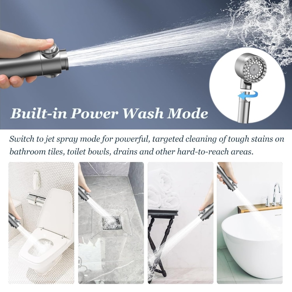 Handheld shower head sprays a powerful jet in Power Wash Mode; collage shows toilet, drain, sink, and tub cleaning scenarios in a bathroom.