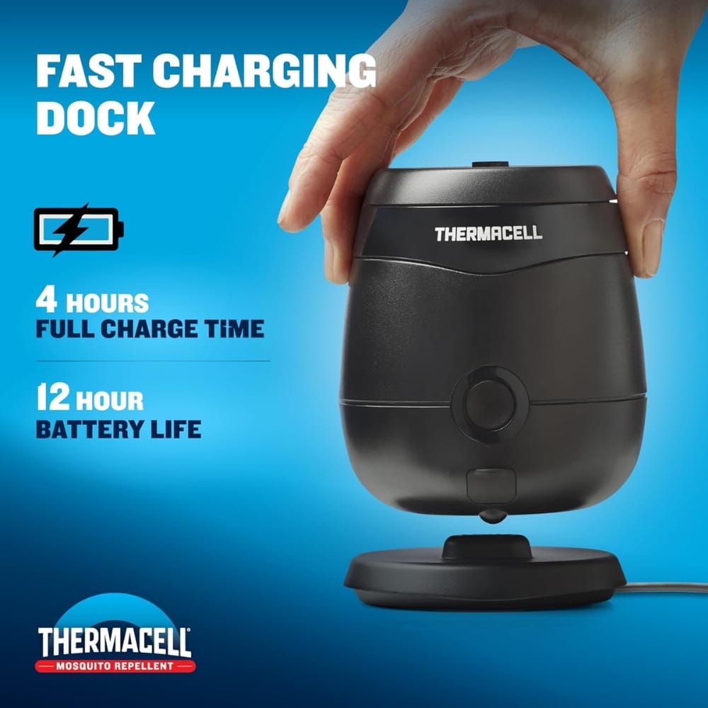 Thermacell mosquito repellent on a fast-charging dock, hand placing it, with 4-hour charge and 12-hour battery life highlighted on a blue background.
