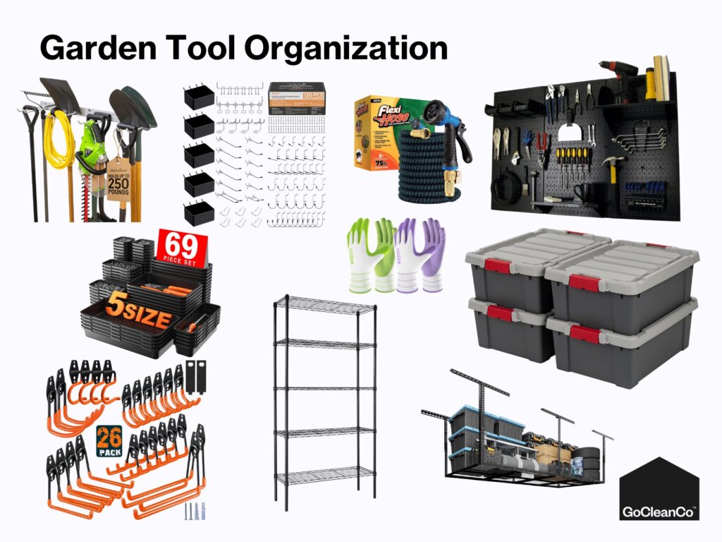 Garden Organization Blog - House Work Garden tool organization roundup image of products like pegboards, wall hooks, totes, etc.