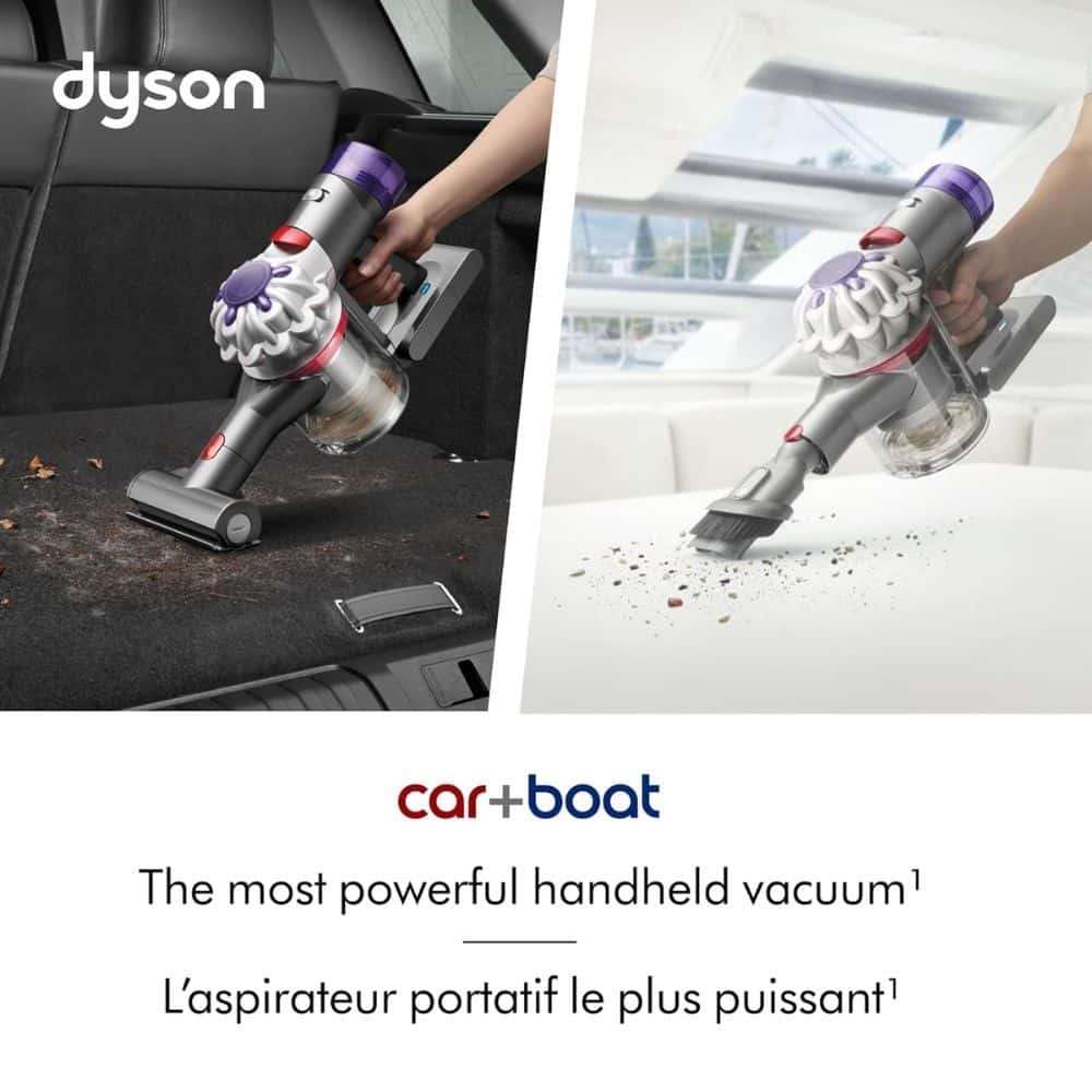 Dyson handheld car vacuum used to clean a car interior; split-screen ad with car+boat logo and slogan.