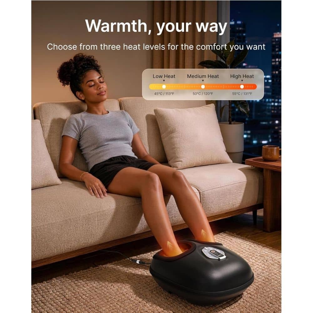 Person relaxing on a sofa with feet in a black foot massager, while a banner highlights three heat levels for warmth at home.