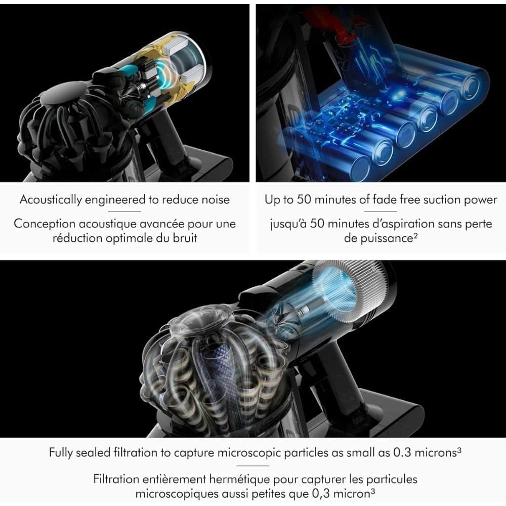Three-panel product infographic: left panel—noise-reducing acoustical design, right panel—up to 50 minutes of fade-free suction, bottom panel—fully sealed filtration capturing particles as small as 0.3 microns.
