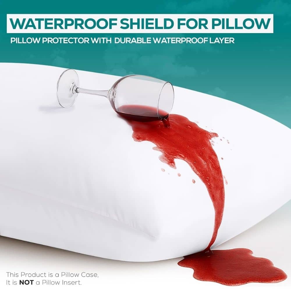 Pillow with a red liquid spill across its surface, advertising a waterproof shield for pillows.