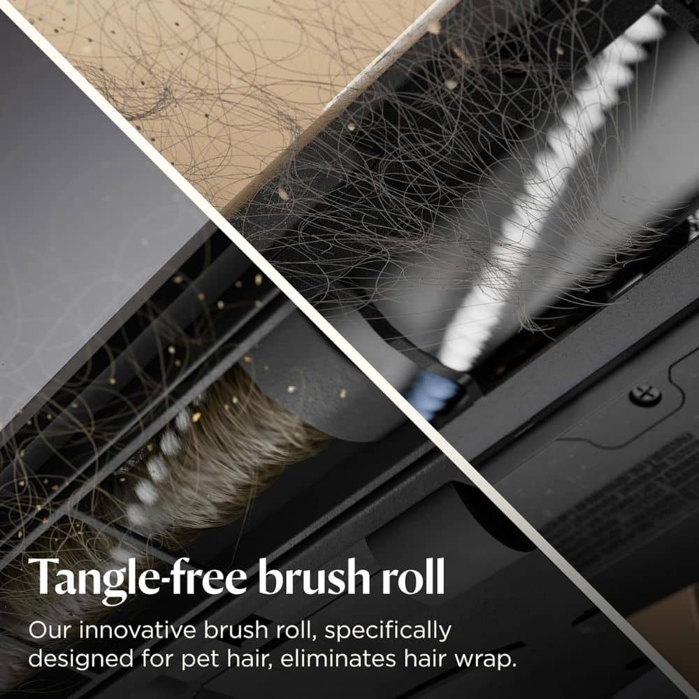 Collage showing a vacuum cleaner brush roll tangled with pet hair, highlighting a 'Tangle-free brush roll' message and its claim to eliminate hair wrap.