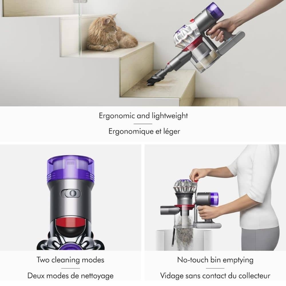 Infographic of an ergonomic, lightweight vacuum with two cleaning modes and touchless bin emptying (English and French).