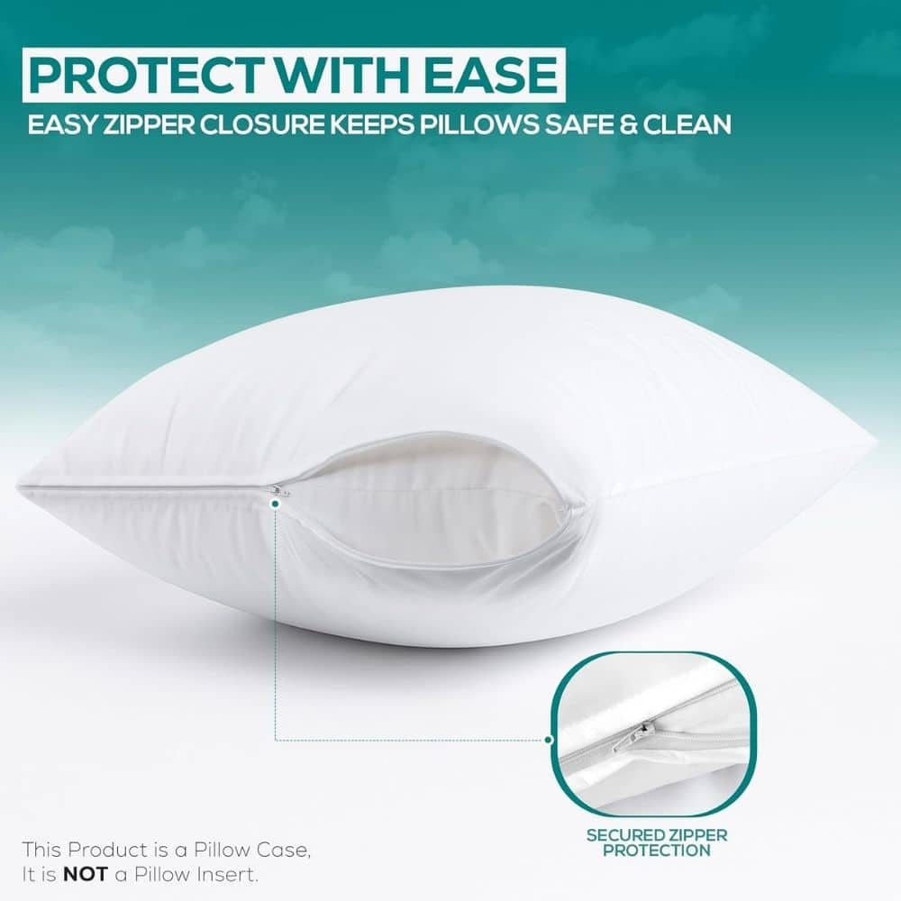 White pillow with a securely closed zipper; inset highlights zipper protection in a teal-accented graphic, with text 'PROTECT WITH EASE' at the top.