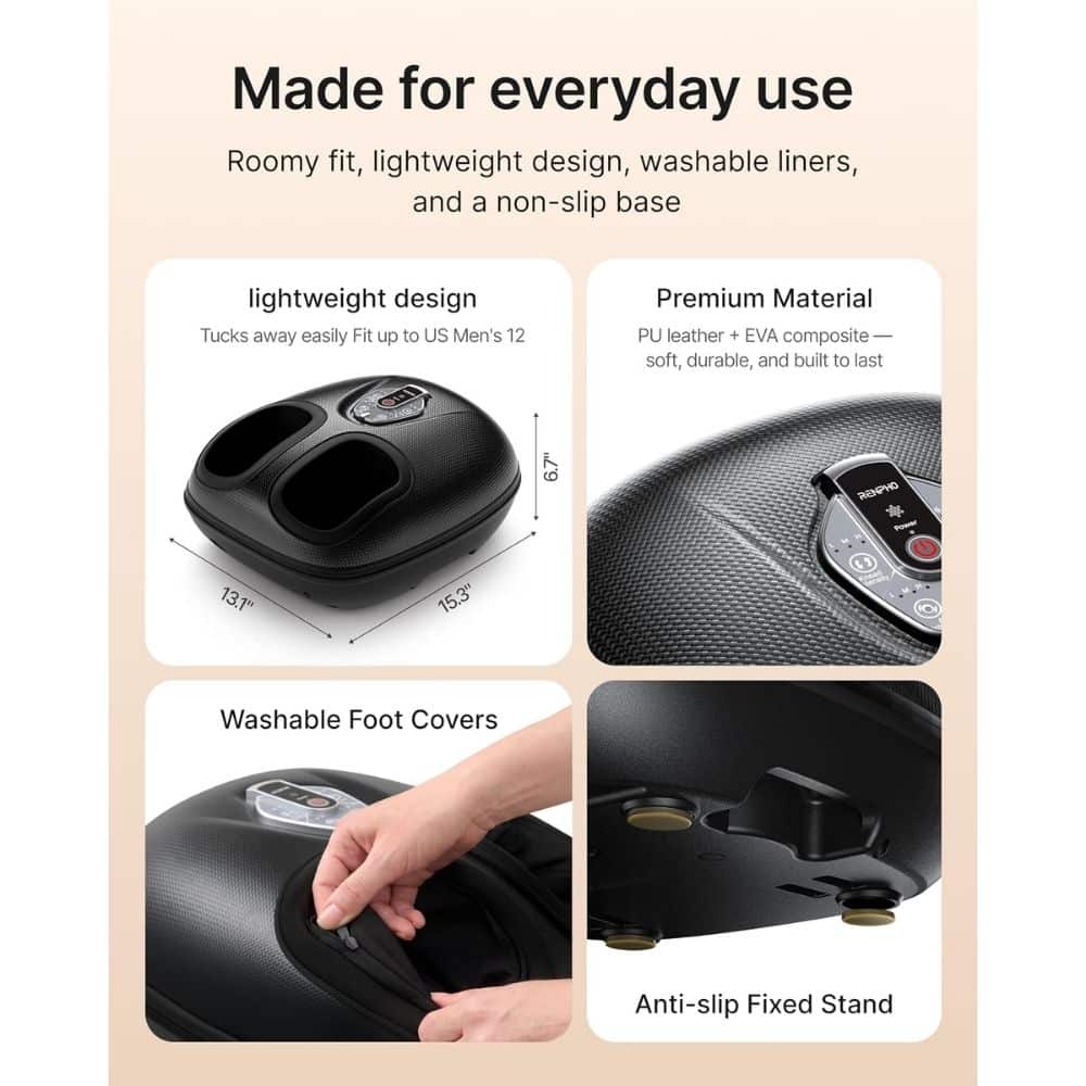 Infographic highlighting a compact everyday-use massager: lightweight design, premium material, washable foot covers, and anti-slip stand with close-ups of each feature.