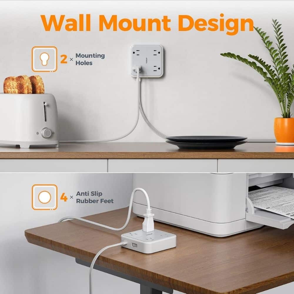 Infographic of a 'Wall Mount Design' showing features: 2 mounting holes and a mounted outlet on wall, with a toaster and plant on the counter for context (informational).