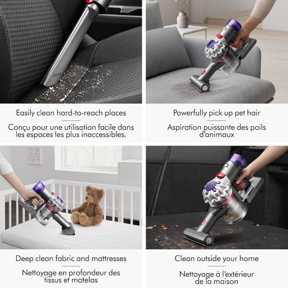 Slim vacuum attachment cleaning dirt from a car seat seam in a vehicle interiorPromo image suggests car use for hard-to-reach places.