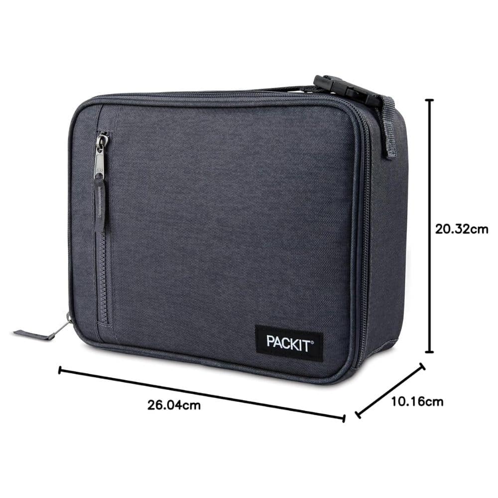 PackIt dark gray rectangular travel pouch with two zippers, dimensions 26.04 cm wide, 10.16 cm deep, and 20.32 cm tall.