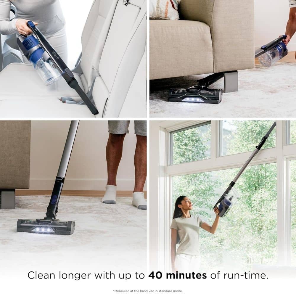 Collage of a cordless stick vacuum cleaning a sofa, carpet, and floor, highlighting up to 40 minutes of run time.