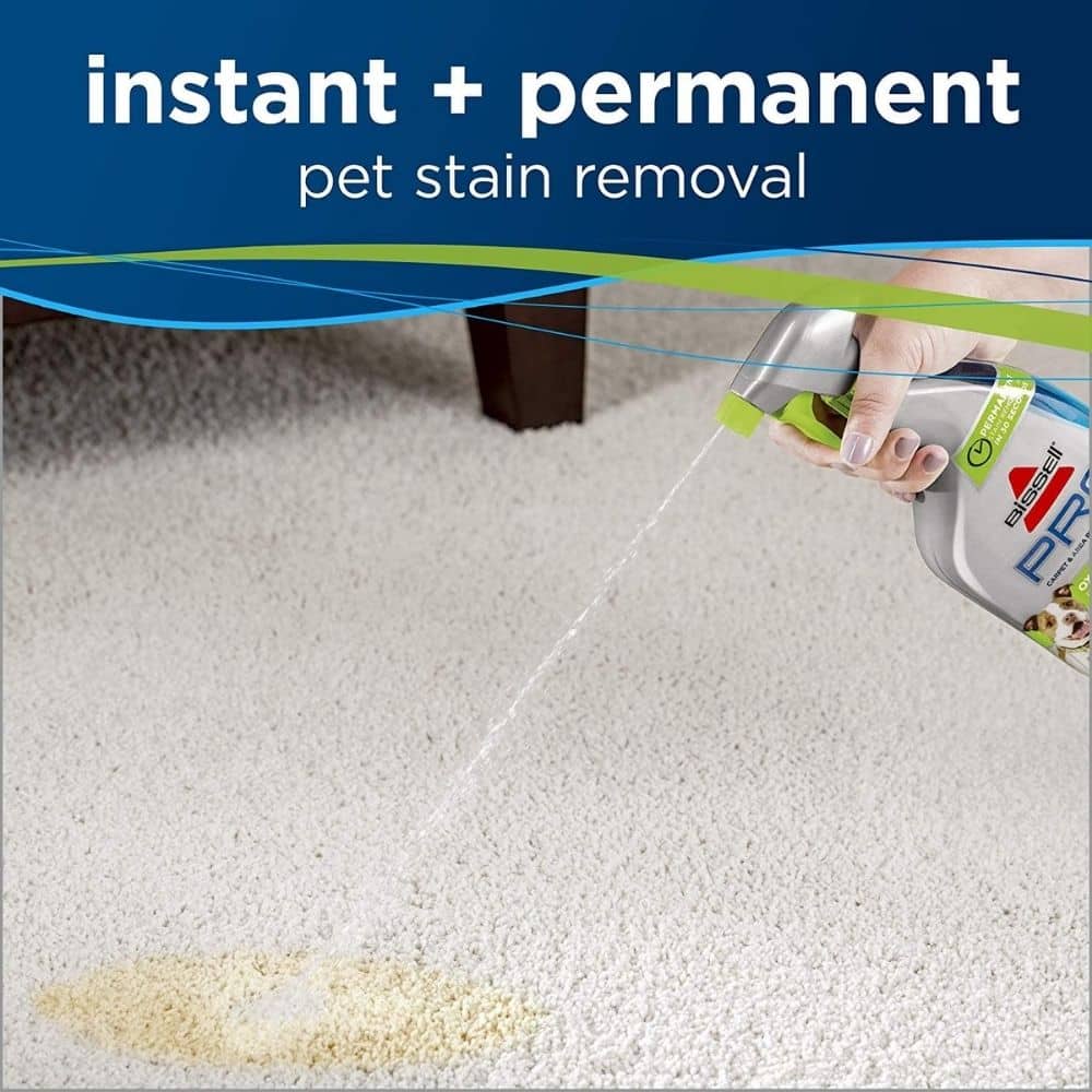 Hand holding a spray bottle labeled pet stain remover and spraying onto a beige carpet surface.