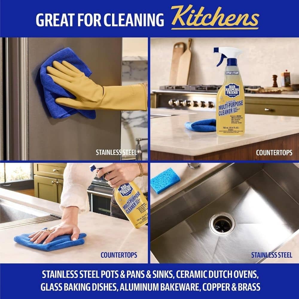 Collage showing Bar Keepers Friend cleaner used on stainless steel, countertops, and sinks in a kitchen; bottle and cleaning cloths visible in each panel.