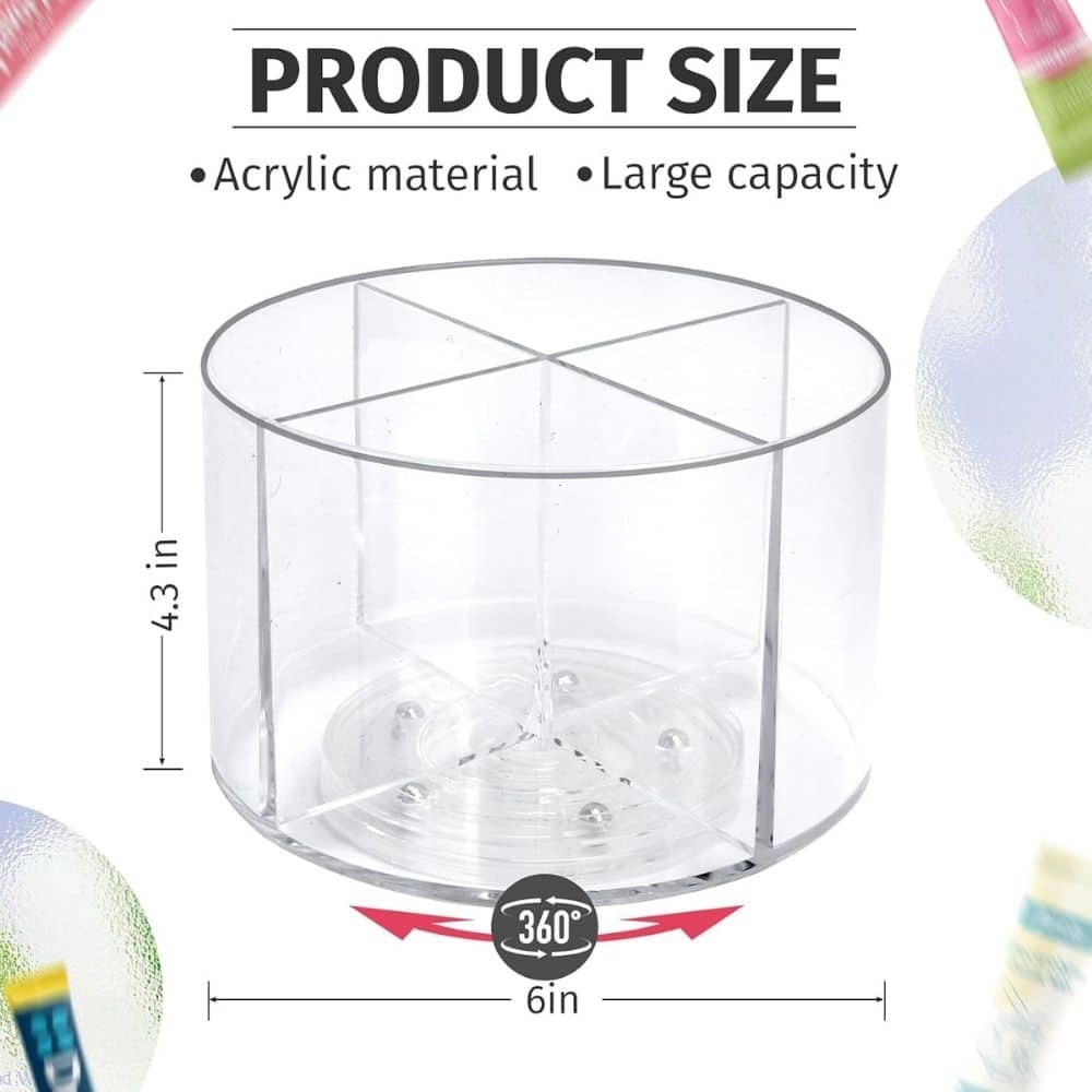 Clear acrylic cylindrical container, 6 in diameter and 4.3 in tall, with 360° rotation icon at base (product size image).