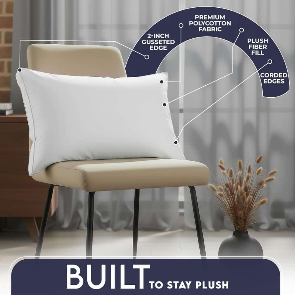 Beige chair with a white plush pillow; diagram highlights cushion features like plush fill and edge details.