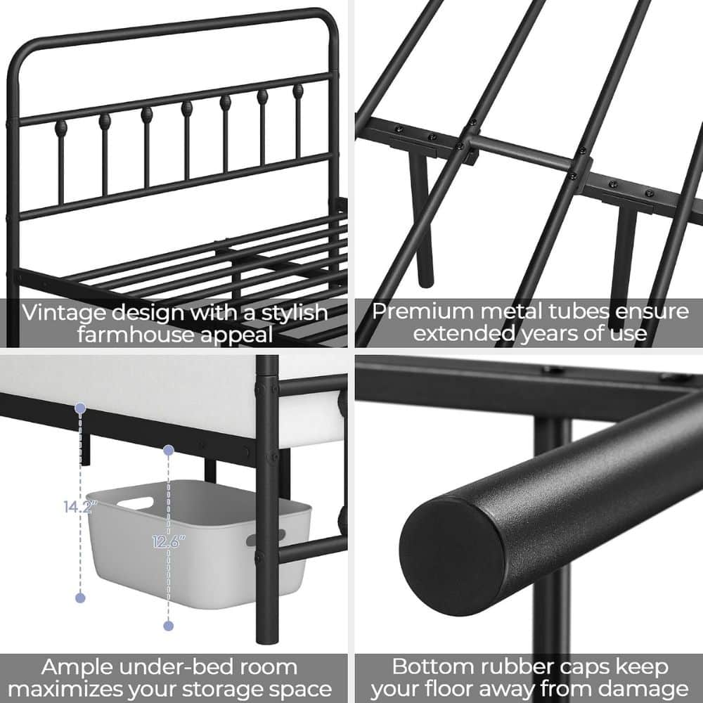 A black metal bed frame with a vintage headboard and slatted base, showcasing a stylish farmhouse look.
