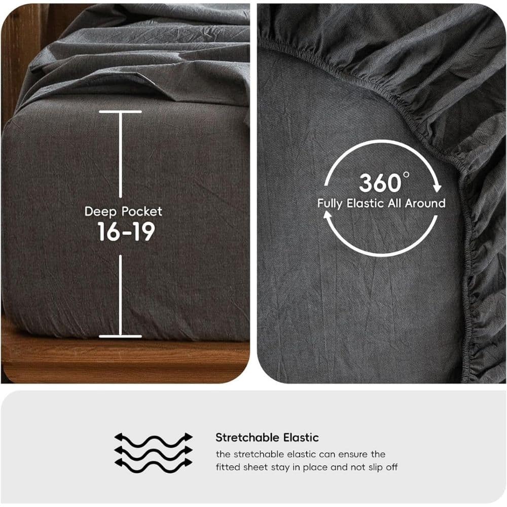 Dark gray fitted sheet with a deep pocket labeled 16–19 and 360° elastic around the edge for a snug fit.